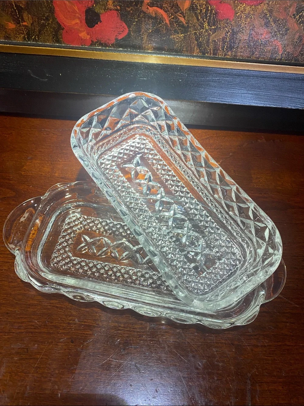 Vintage Anchor Hocking Glass Butter Dish Featuring a Pressed Diamond Cut Design